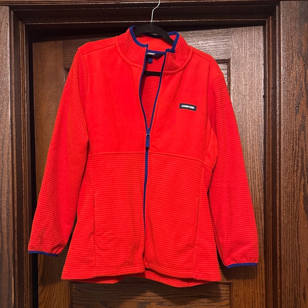 Lands' End Bright Red/Orange Fleece Jacket with Blue Trim